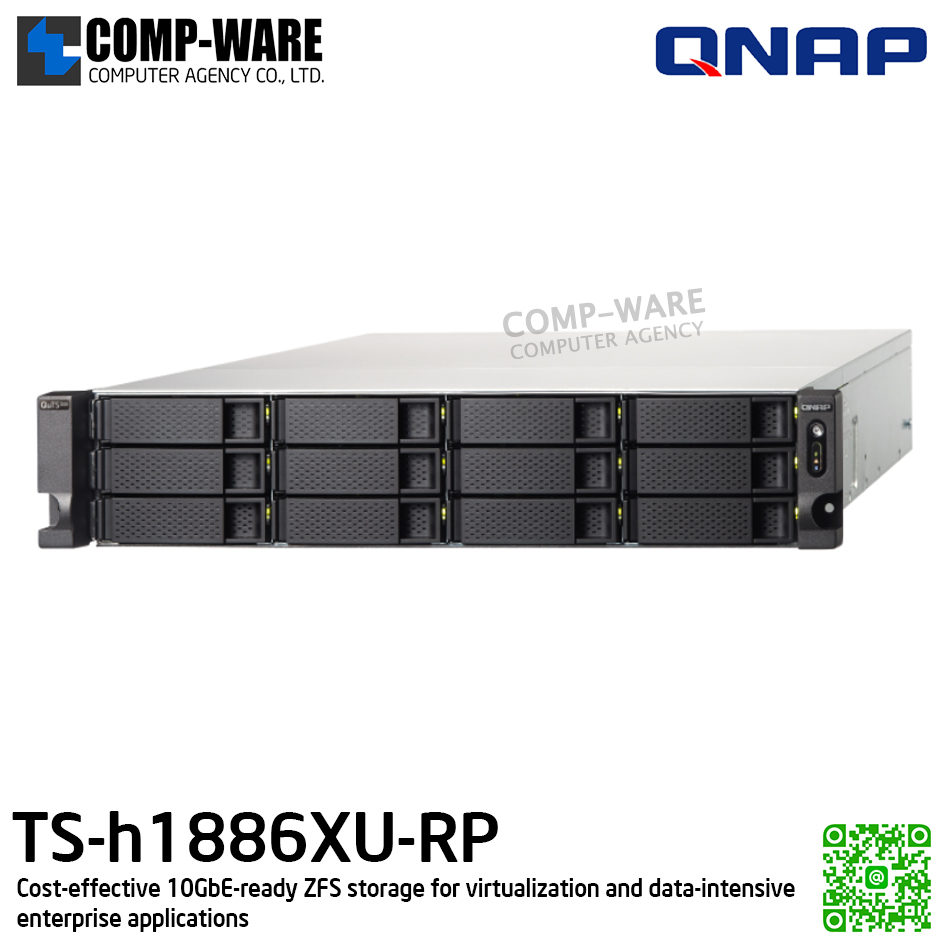 QNAP (2U 12+6Bay) TS-h1886XU-RP-D1622-32G / Intel Xeon D-1622 (4C/8T) / 32GB ECC RDIMM RAM / 12x2.5"/3.5" SATA 6Gbps + 6x2.5" SATA 6Gbps / Redundant PSU / 3Y Warranty , No HDD , No Rail Kit