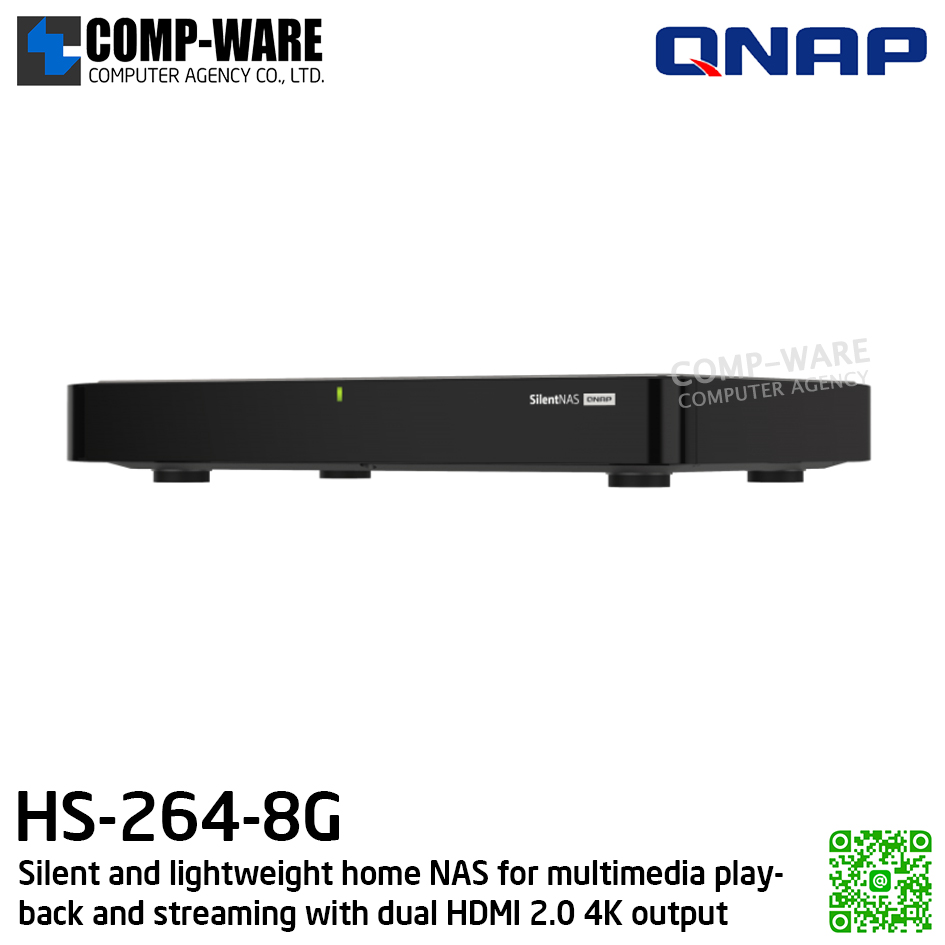 QNAP (Set-Top design 2-Bay) HS-264-8G / Intel Celeron N5105 / 8GB RAM / 2 x 3.5-inch SATA 6Gb/s / 2 x 2.5GbE / 2 x HDMI / Adapter Power / 2Y Warranty / No HDD