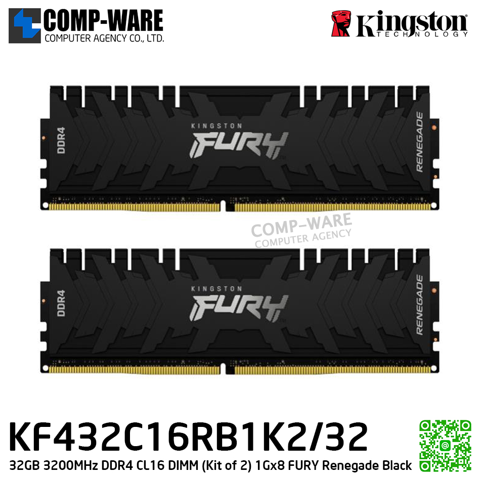 Kingston KF432C16RB1K2/32 32GB 3200MHz DDR4 CL16 DIMM (Kit of 2) 1Gx8 FURY Renegade Black - Lifetime Warranty - Memory Module - RAM
