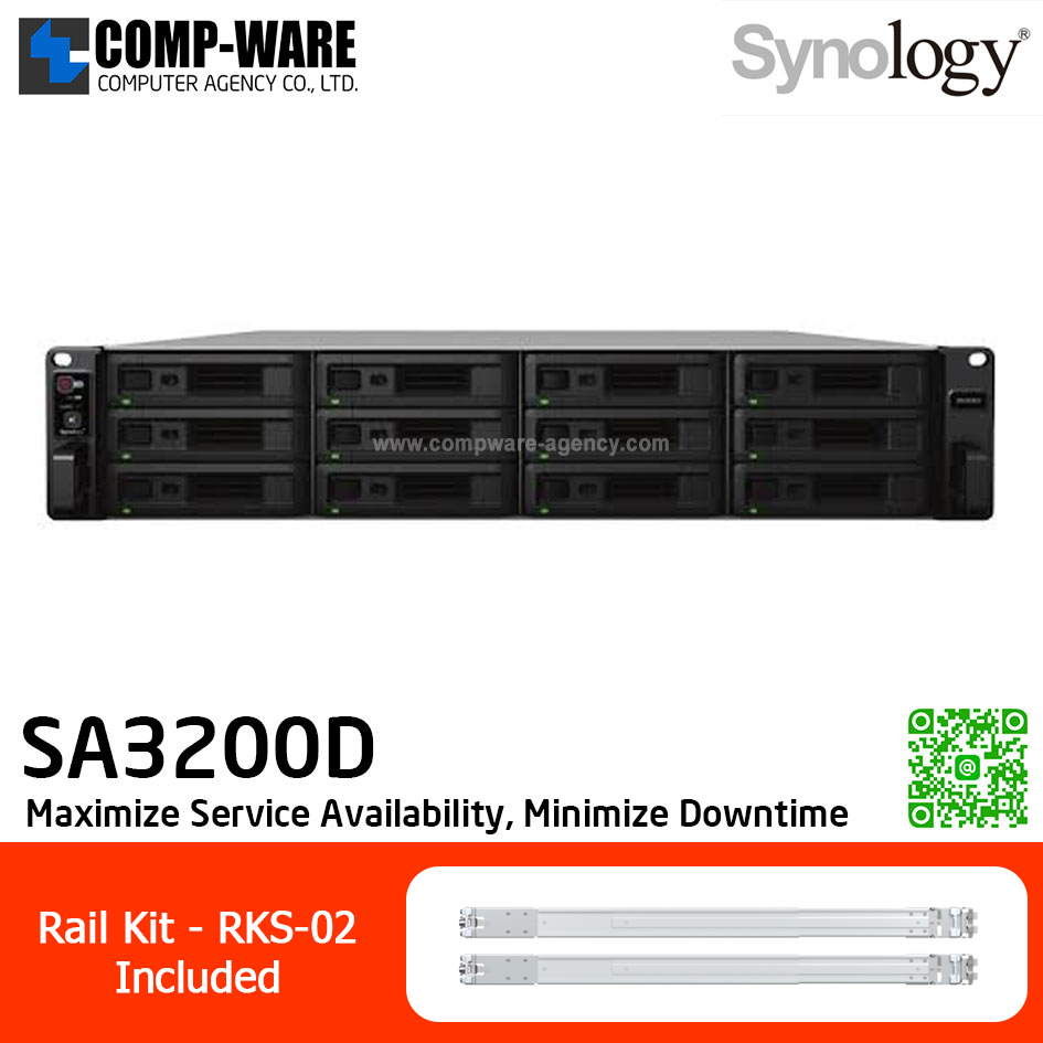 Synology RackStation (2U 12-Bay) SA3200D (8GB ECC RAM up to 64GB) Intel Xeon D-1521 4-Core ,with Rail Kit RKS-02, No HDD