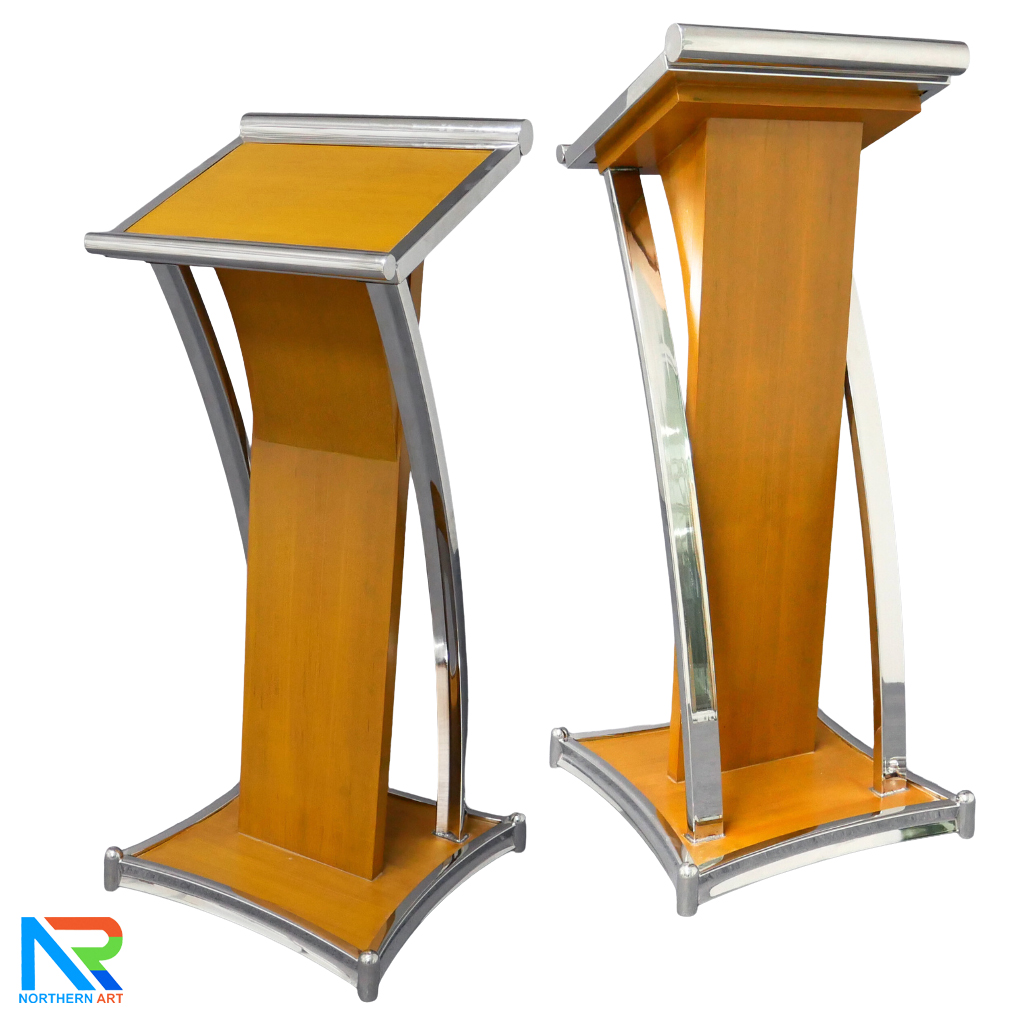 โพเดียมไม้สีสัก ตกแต่งสแตนเลส เกรด304 ขนาด (W) 47 x (D) 44 x (H)120 cm.