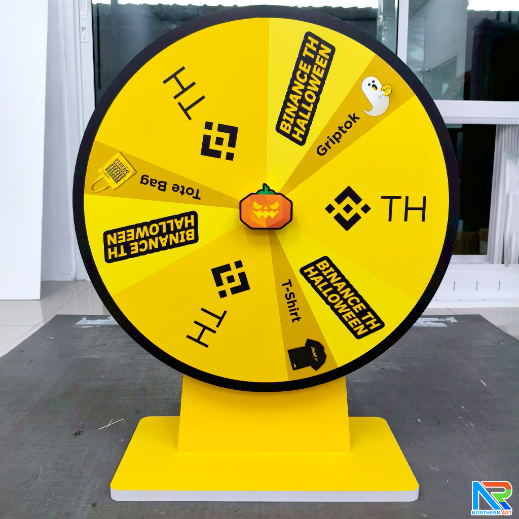 เกมส์วงล้อตั้งโต๊ะ ขนาดวงล้อ 50 ซม. สูง 61.5 ซม. วัสดุพลาสวูดสีขาว หนา 8-15 มม. ถอดประกอบได้