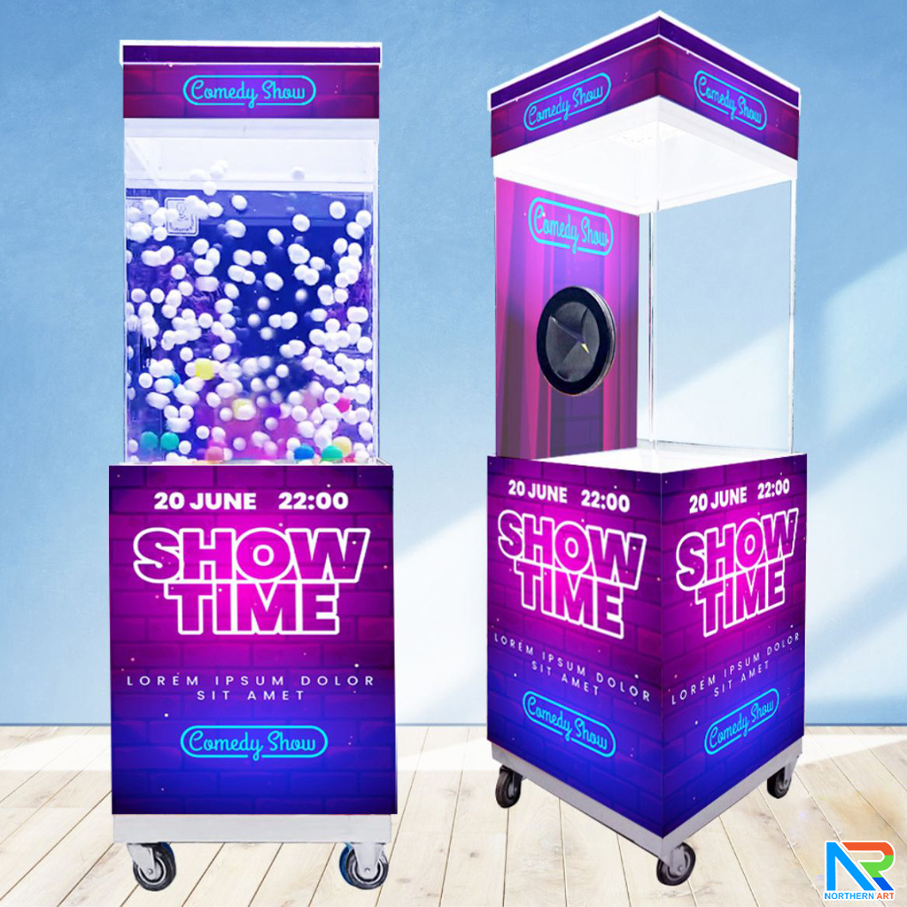 เช่าเกมส์ตู้ลม เช่าตู้ลมจับรางวัล (W)70 x (L)70 X (H)185 cm.พร้อมงานพิมพ์สติ๊กเกอร์ ไม่รวมบอลโฟม