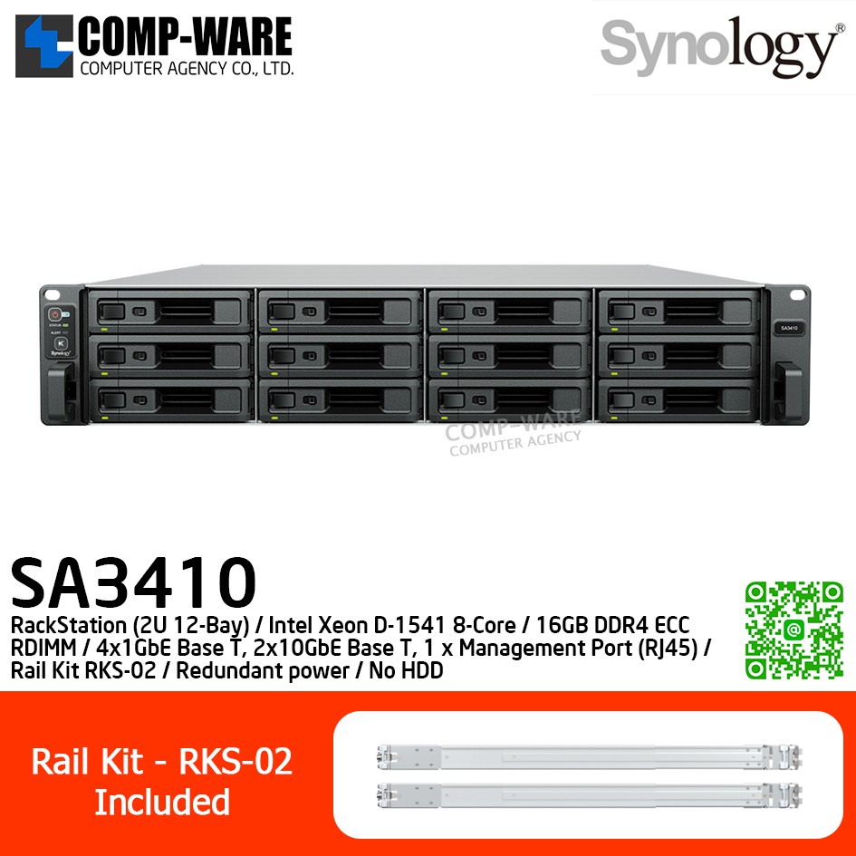 Synology RackStation (2U 12-Bay) SA3410 / Intel Xeon D-1541 8-Core / 16GB DDR4 ECC RDIMM / 4x1GbE Base T, 2x10GbE Base T, 1 x Management Port (RJ45) / Rail Kit RKS-02 / Redundant power / No HDD / 5Y Warranty