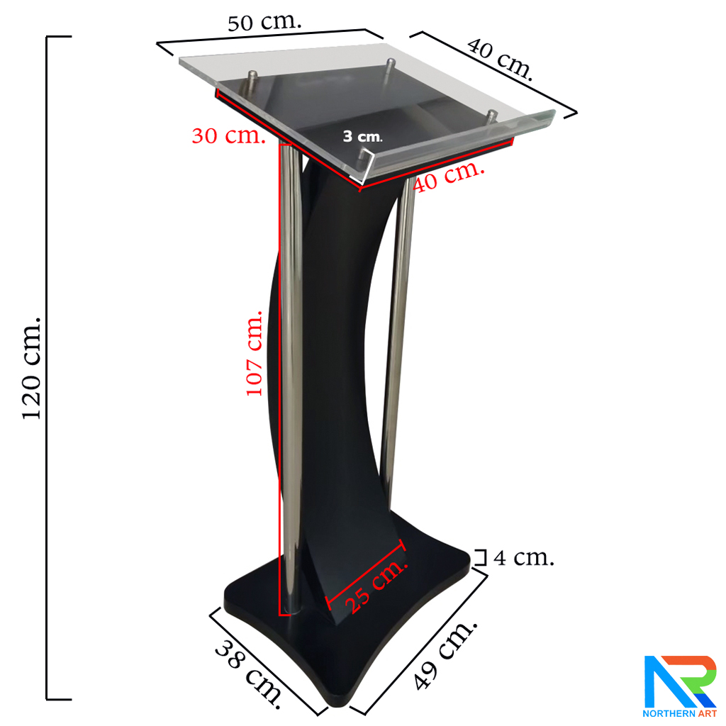 โพเดียมไม้ สีดำ ขนาด (W) 41 x (L) 50 x (H) 120 cm. พร้อมเสาสแตนเลสคู่ TOP เอียง อะคริลิคใส ติดหมุด