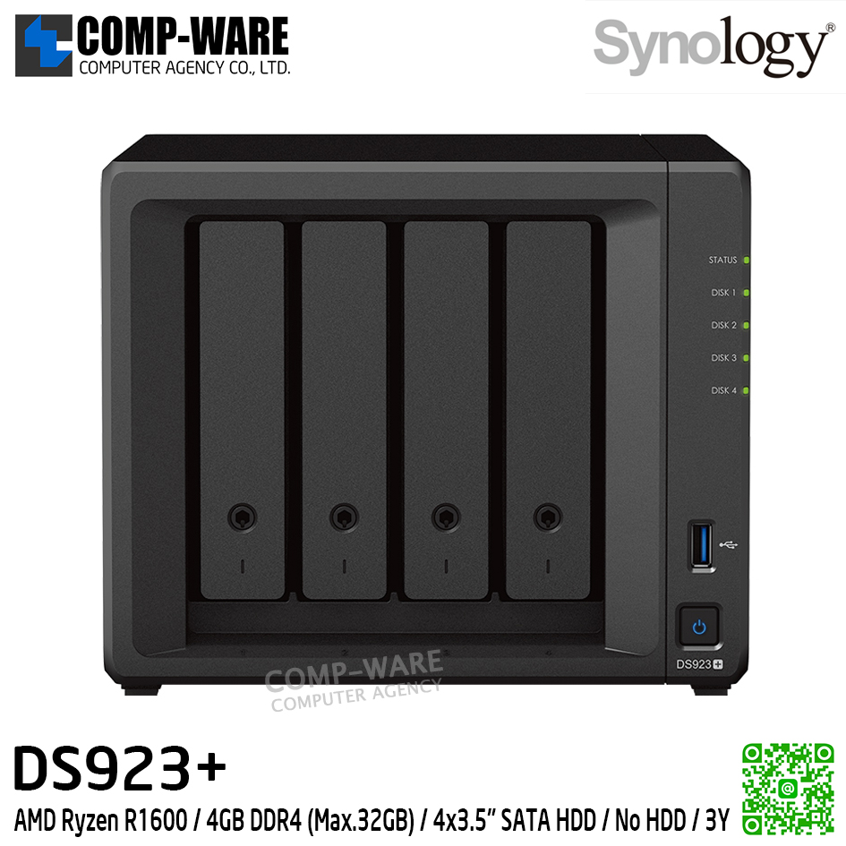 Synology DiskStation (Tower 4-Bay) DS923+ / AMD Ryzen R1600 / 4GB DDR4 (Max.32GB) / 4x3.5" SATA HDD + 2xM.2 2280 NVMe / No HDD / 3Y Warranty