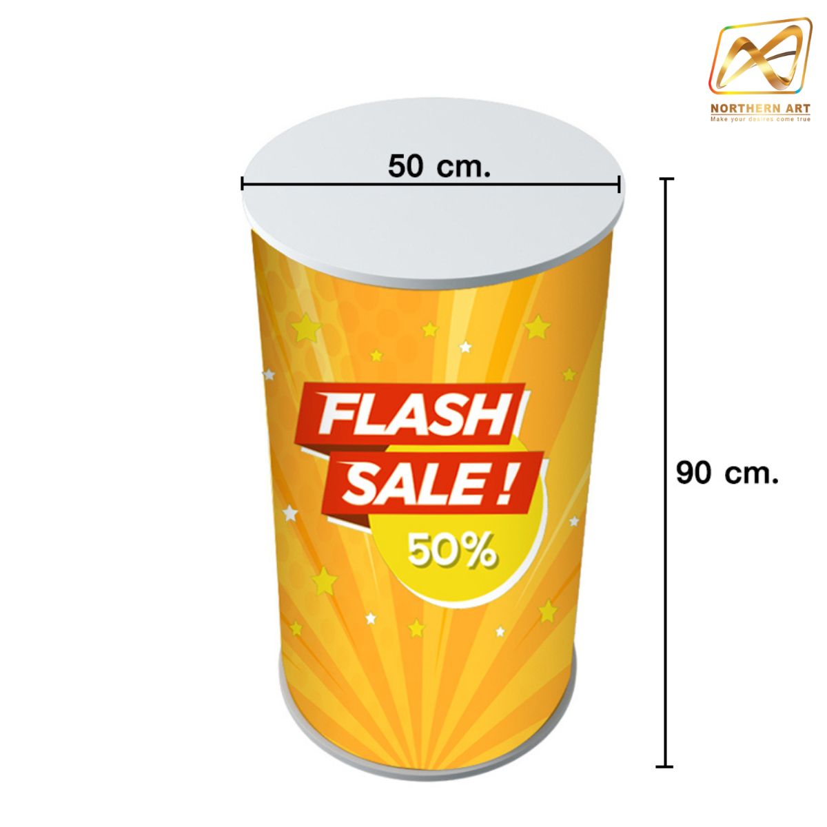 เคาน์เตอร์ออกบูธ เคาน์เตอร์สำเร็จรูป ทรงกลม TOPไม้สีขาวขนาด 50 ซม. ถอดประกอบได้ เคลื่อนย้ายสะดวก แถมกระเป๋าสีดำ 1 ใบ