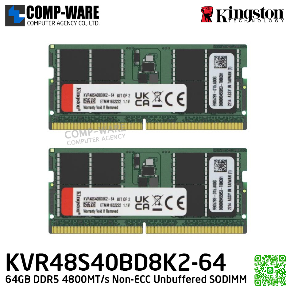 Kingston KVR48S40BD8K2-64 64GB DDR5 4800MT/s Non-ECC Unbuffered SODIMM - Lifetime Warranty - Memory Module - RAM