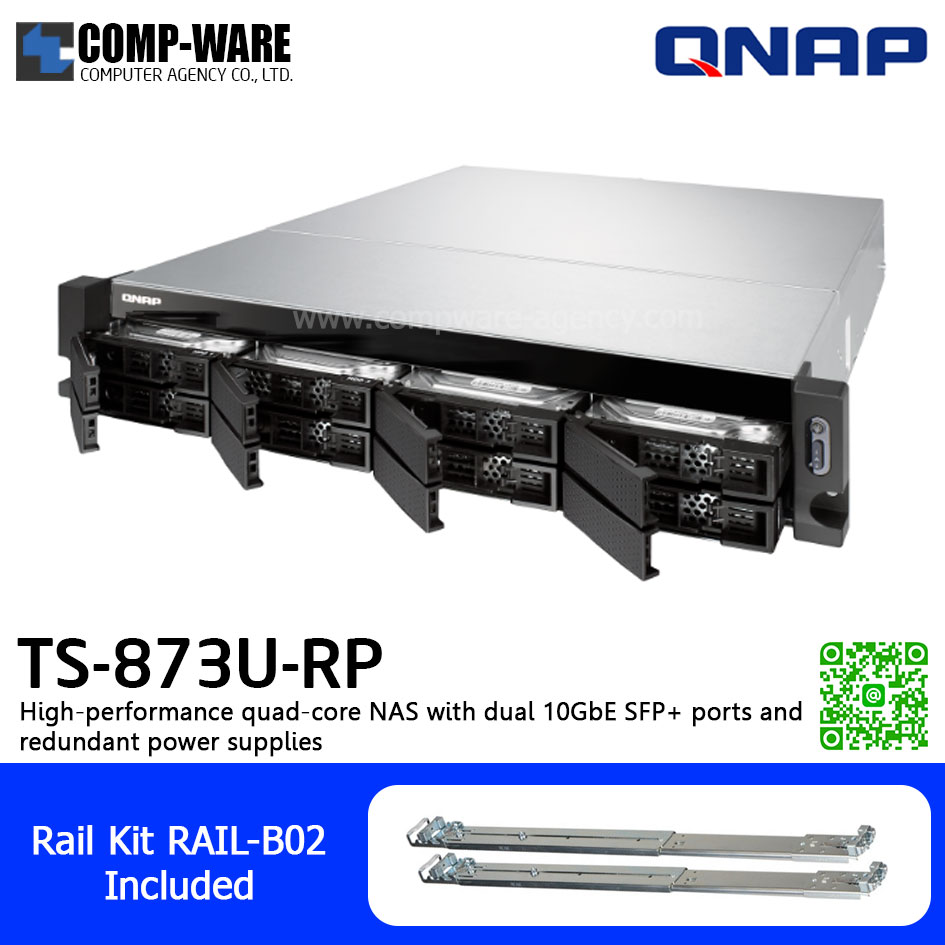 QNAP NAS (2U 8-Bay) TS-873U-RP-8G (8GB RAM up to 64GB) AMD R-Series RX-421ND , 2 x 10GbE SFP+ ,Redundant Power Supply w/Rail Kit RAIL-B02, No HDD