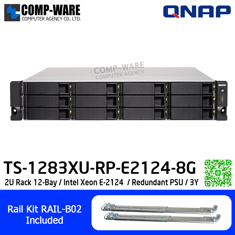 QNAP (2U 12-Bay) TS-1283XU-RP-E2124-8G / Intel Xeon E-2124 (8Core) / 8GB UDIMM DDR4 ECC (2 x 4GB) / 12 x 2.5"/3.5" SATA 6Gbps / 4 x GigaLan, 2 x 10GbE SFP+ SmartNIC / 300W Redundant PSU / 3Y Warranty , No HDD , No Rail Kit