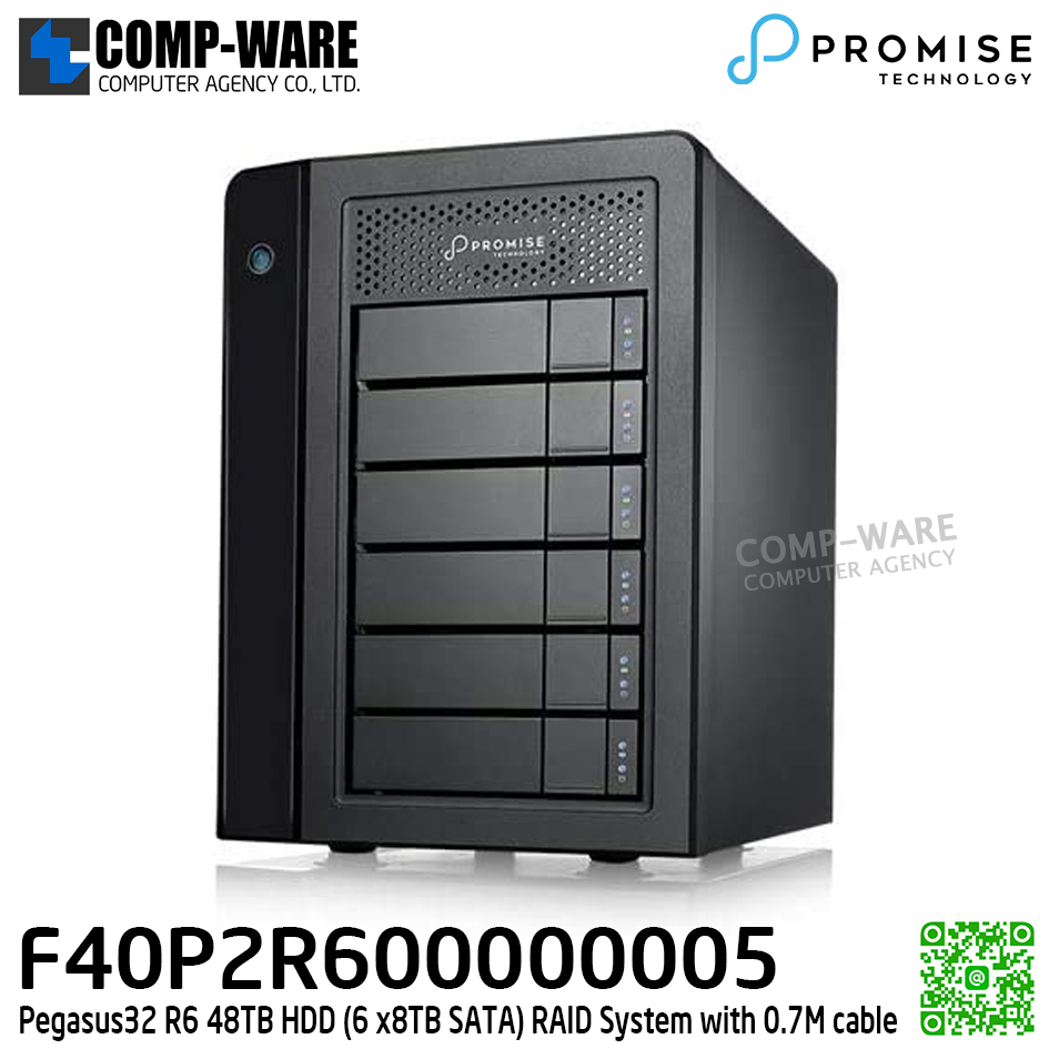Promise Pegasus32 R6 48TB HDD (6 x8TB SATA) RAID System with 0.7M cable (APAC) รับประกัน 3ปี - F40P2R600000005