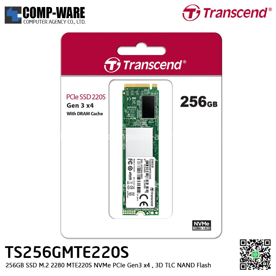 Transcend MTE220S 256GB SSD M.2 2280 NVMe PCIe Gen3 x4 , 3D TLC NAND Flash TS256GMTE220S - 5Y Warranty
