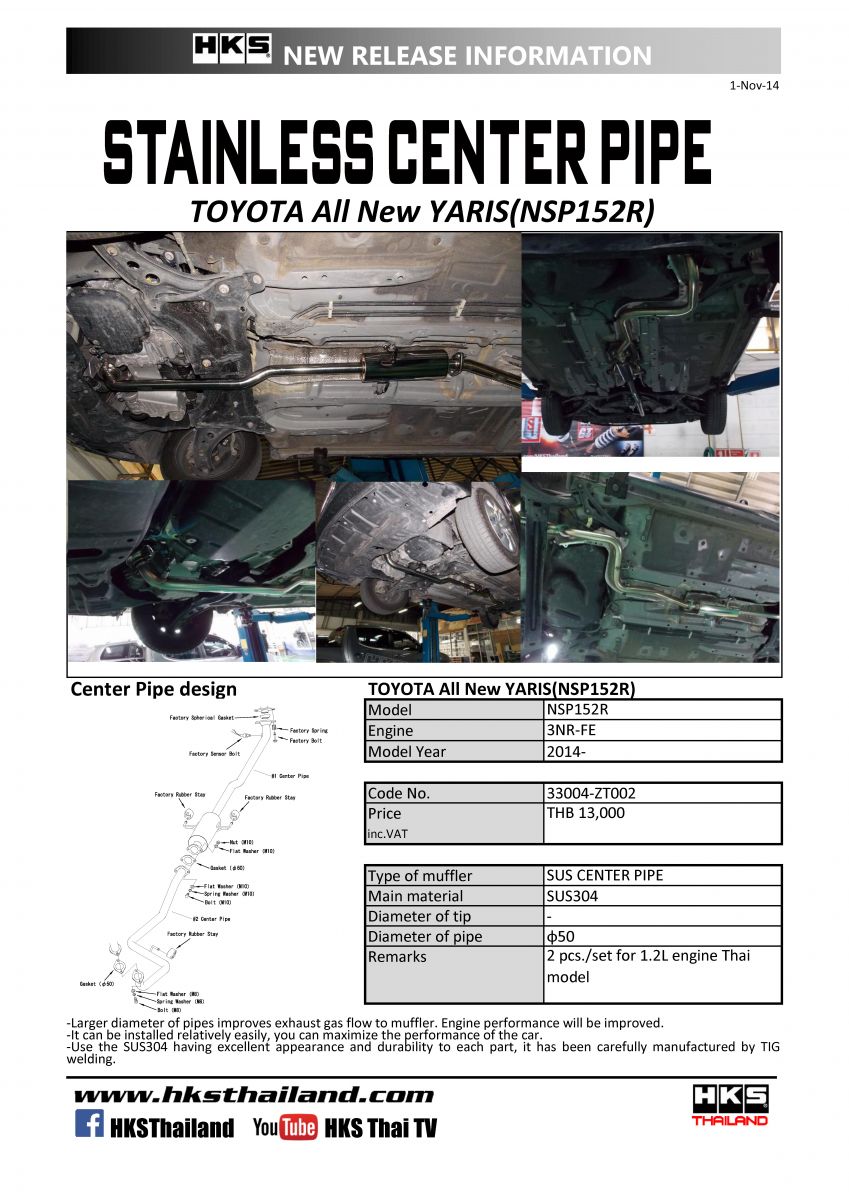 ท่อ HKS สำหรับ TOYOTA ALL NEW YARIS NSP152R 3NR-FE