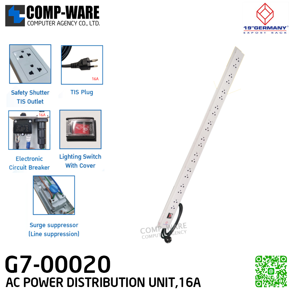 19" Germany Rack Accessories G7-00020 AC POWER DISTRIBUTION 20 TIS Outlets w/Cable 3M. , w/SW Cover (รางไฟ 20 Outlet)