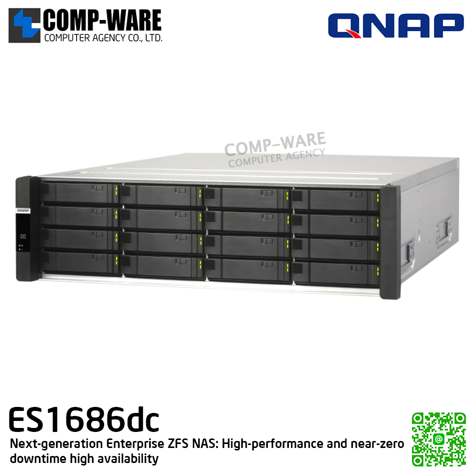 QNAP (3U 16-Bay) ES1686dc-2123IT-64G / Intel Xeon D-2123IT (4-Core) / 64GB DDR4 / 16 x 2.5"/3.5" SAS 12Gbps / 3 x Gigabit LAN / 4 x 10G-bE SFP+ / Redundant PSU / 5Y Warranty / No HDD / Rail Kit RAIL-E02
