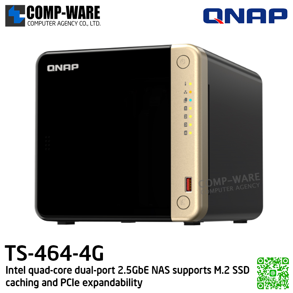 QNAP (Tower 4-Bay) TS-464-4G / Intel Celeron N5105/N5095 / 4GB DDR4 SODIMM / 4 x 3.5-inch SATA 6Gb/s / 2 x 2.5GbE / 1xHDMI / Adapter Power / 3Y Warranty / No HDD