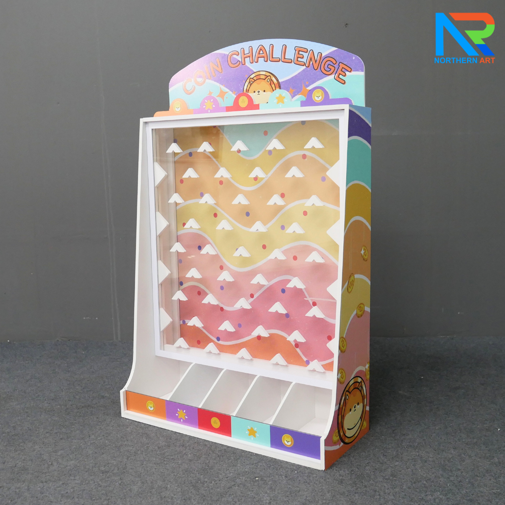 เช่าเกมส์หย่อนเหรียญตั้งโต๊ะ ขนาด (W)50 X (D)20 X (80) cm. วัสดุพลาสวูดหนา 8 มม. พร้อมเหรียญพลาสติกคละสี 10 เหรียญ