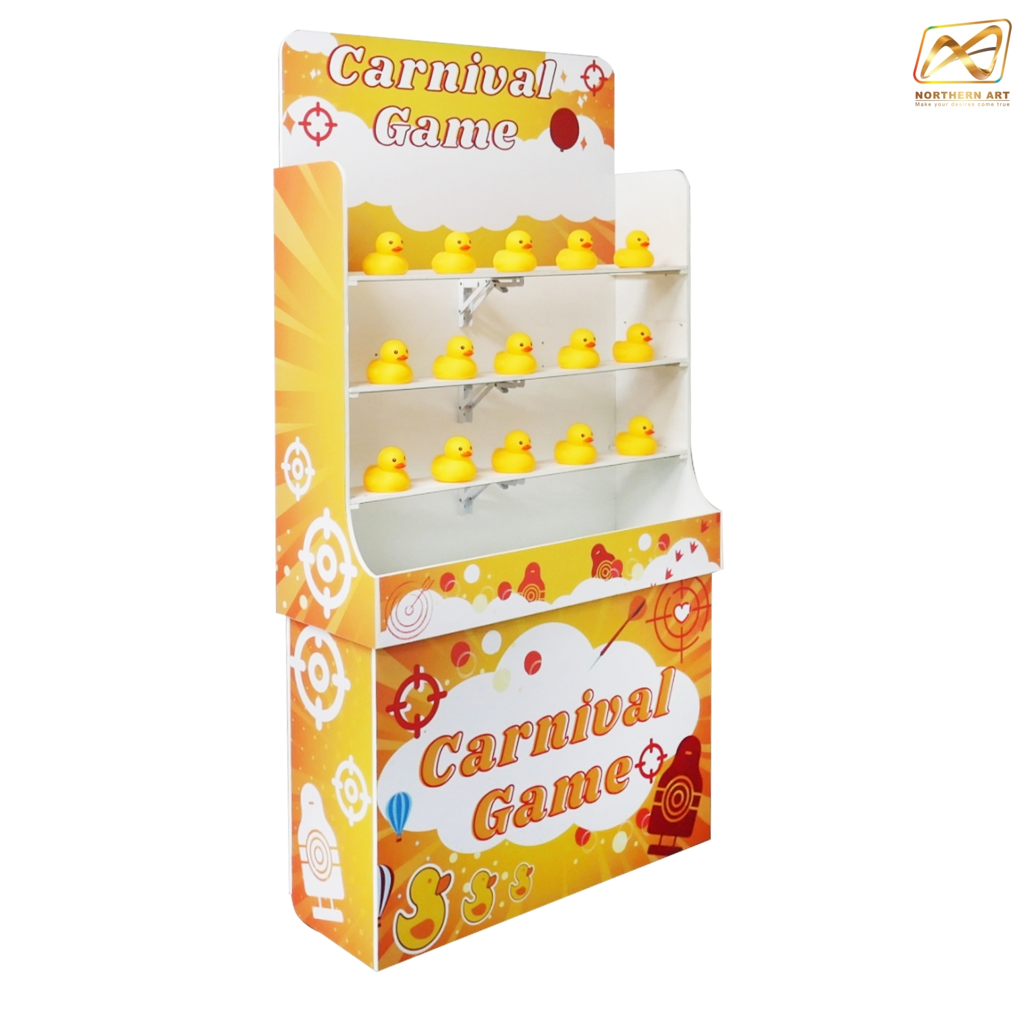 เช่าเกมส์ปาเป็ด ขนาดโครง (W) 90 x (L)36 x (H)180 cm. พร้อมเป็ดยาง 15 ตัว และบอลโฟม 12 ลูก