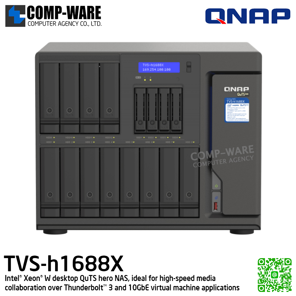 QNAP (Tower 16-Bay) TVS-h1688X-W1250-32G / Intel Xeon W-1250 (6C/12T) / 32GB DDR4 ECC / 12 x 2.5"/3.5" SATA 6Gbps + 4 x 2.5" SATA 6Gbps + 2 x M.2 NVMe PCIe Gen3 x4 / 550W Single PSU / 3Y Warranty , No HDD