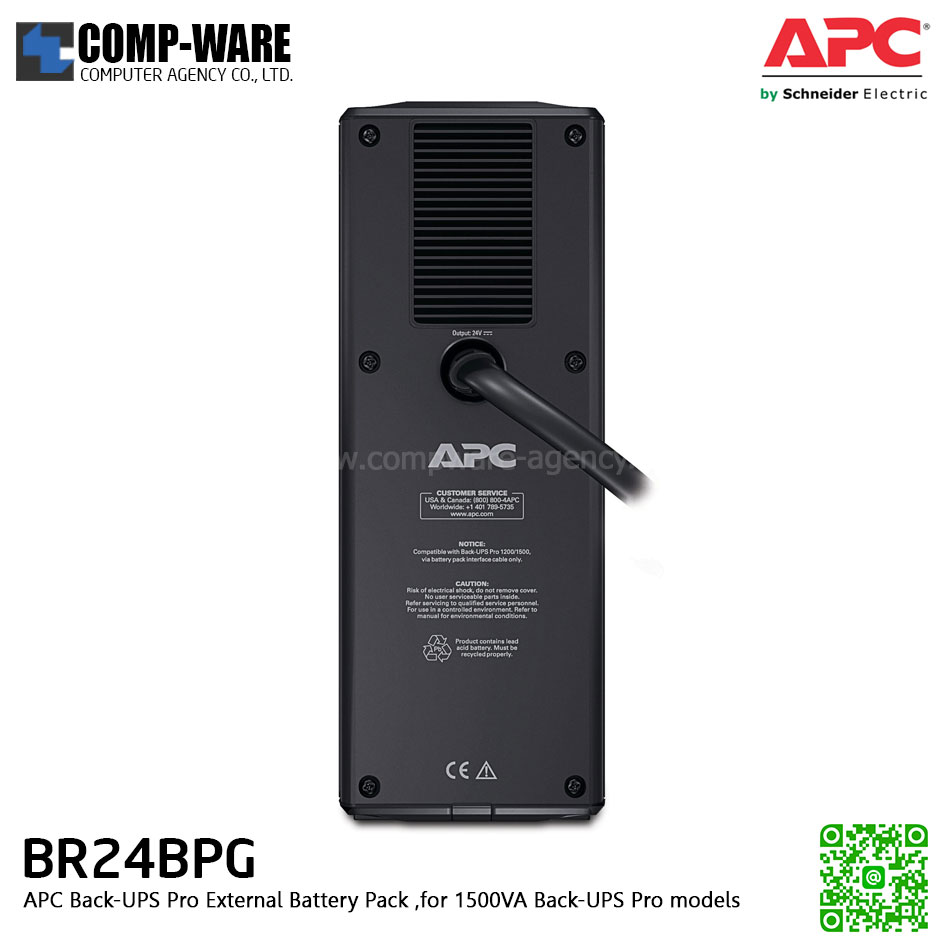 APC Back-UPS Pro External Battery Pack (for 1500VA Back-UPS Pro models) Option External Battery สำหรับรุ่น BR1500GI (ใช้ได้สูงสุด 1 Pack เท่านั้น) APC-BR24BPG