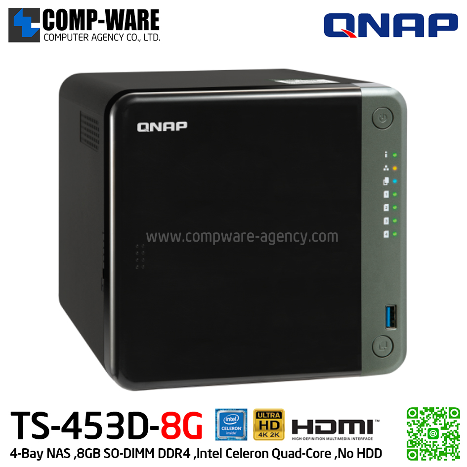 QNAP NAS (4-Bay) TS-453D (8GB RAM) Intel Celeron Quad-Core ,No HDD รับประกัน 3ปี (สามารถเพิ่มประกันตัวเครื่องเป็น 5ปีได้-option)
