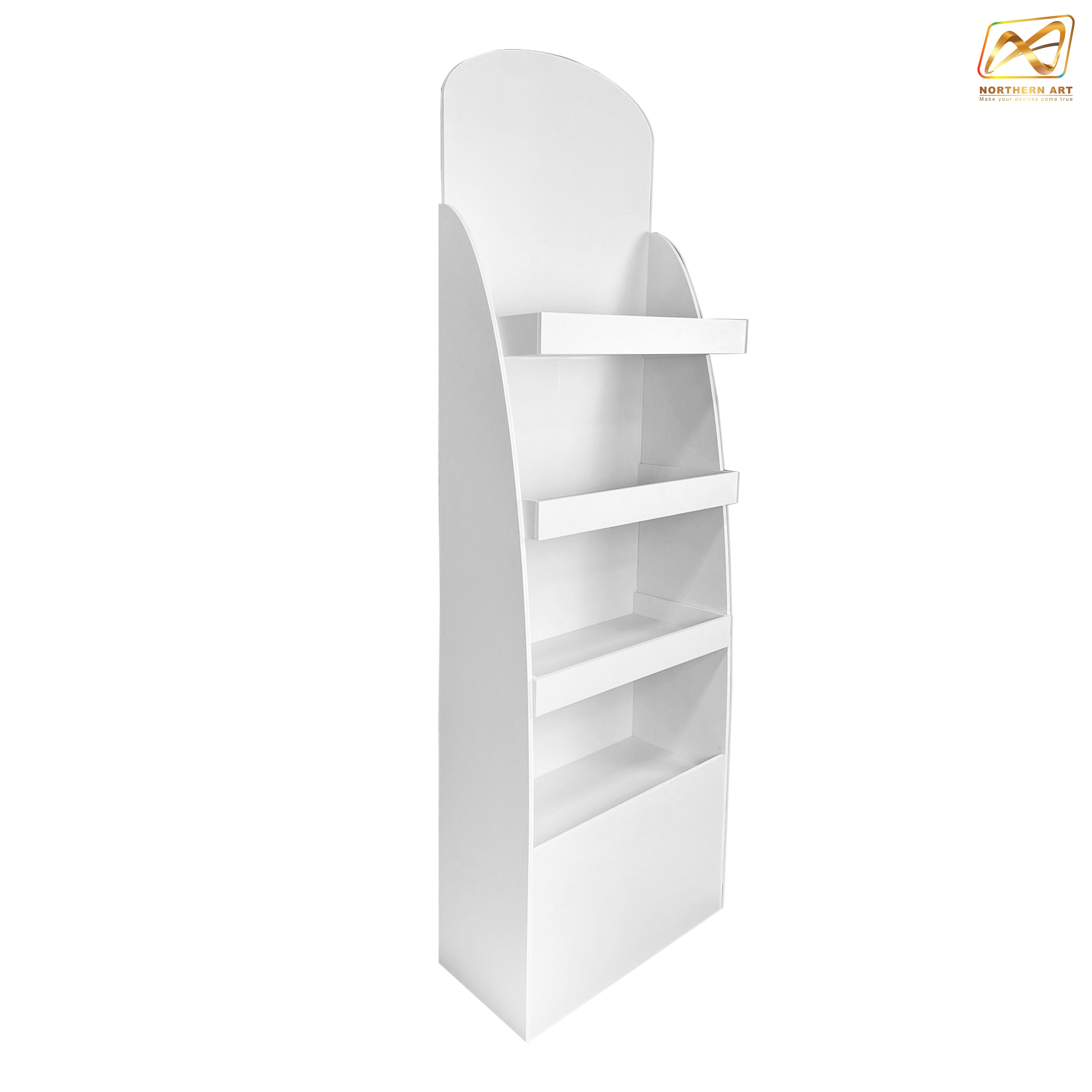 ชั้นวางสินค้าพลาสวูด 4 ชั้น ขนาด (W)44 x (D)25 x (H)150 ซม. พร้อมงานพิมพ์ พลาสวูดหนา 8 มม.