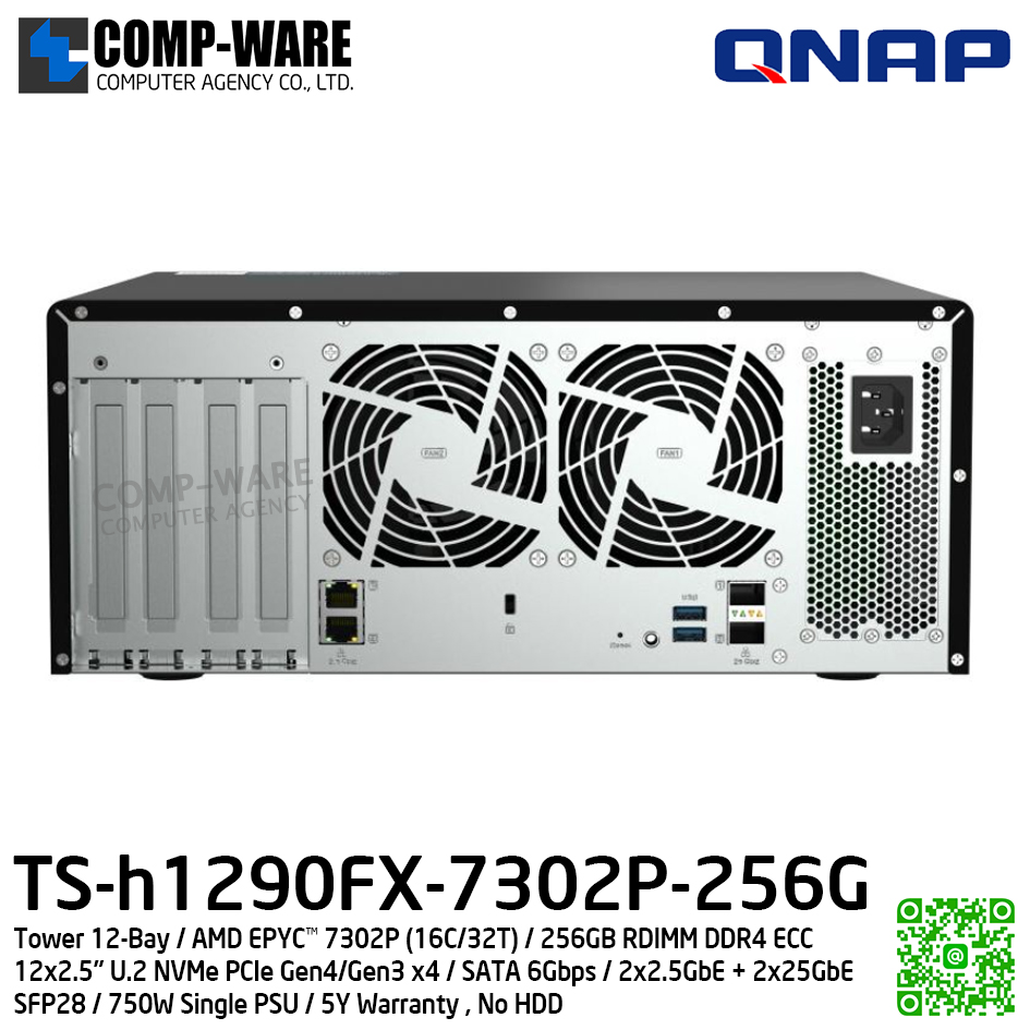 QNAP (Tower 12-Bay) TS-h1290FX-7302P-256G / AMD EPYC™ 7302P (16C/32T) / 256GB RDIMM DDR4 ECC (8 x 32GB) / 12 x 2.5" U.2 NVMe PCIe Gen4/Gen3 x4 / SATA 6Gbps / 2 x 2.5GbE + 2 x 25GbE SFP28 / 750W Single PSU / 5Y Warranty , No HDD