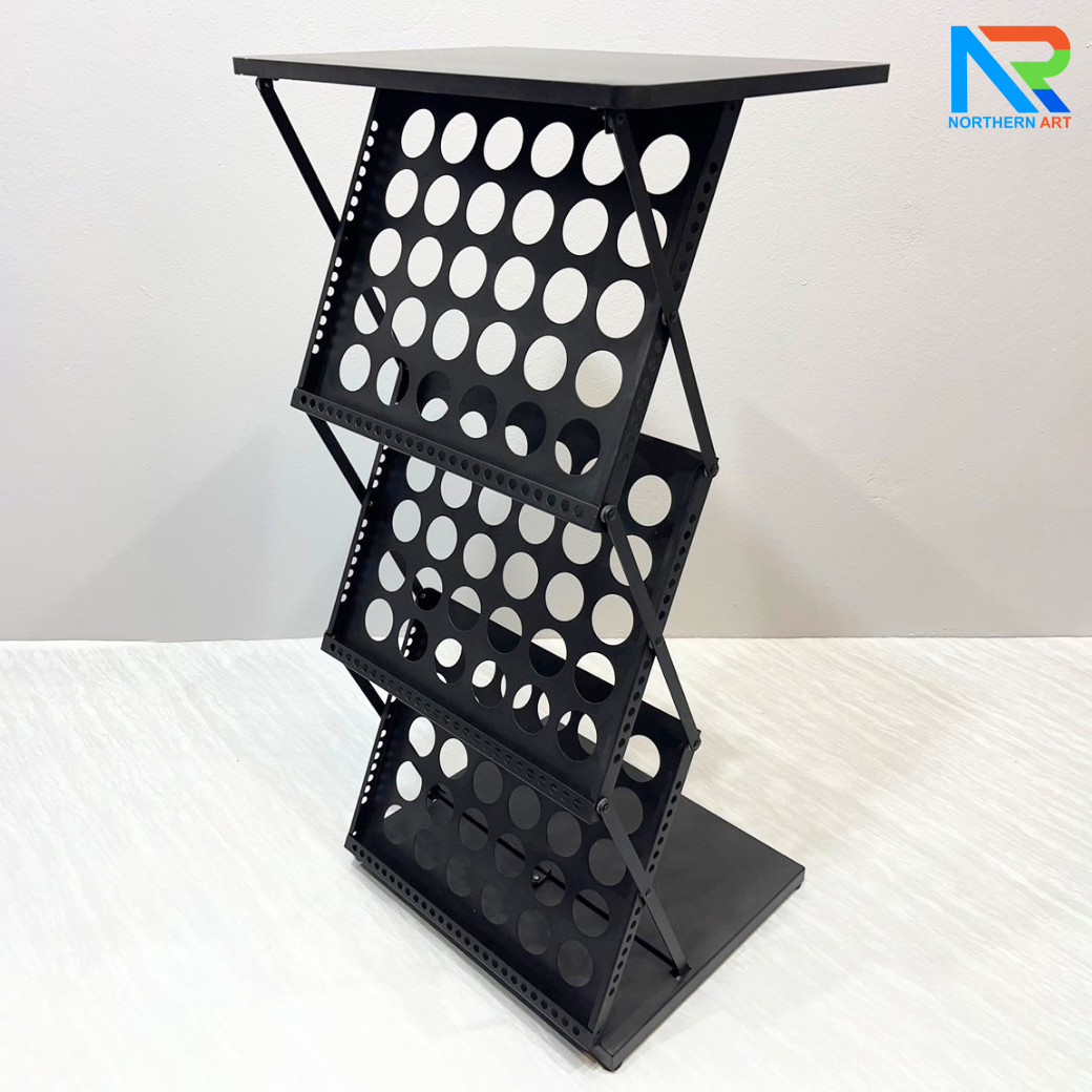 ชั้นวางโบรชัวร์เหล็กพร้อมTOPไม้สีดำ พับเก็บได้ ช่องใส่โบชัวร์ ขนาด A3 มี 3 ช่อง