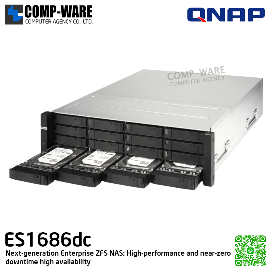 QNAP (3U 16-Bay) ES1686dc-2123IT-64G / Intel Xeon D-2123IT (4-Core) / 64GB DDR4 / 16 x 2.5"/3.5" SAS 12Gbps / 3 x Gigabit LAN / 4 x 10G-bE SFP+ / Redundant PSU / 5Y Warranty / No HDD / Rail Kit RAIL-E02