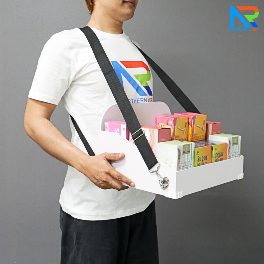 SAMPLING MOBILE TRAY ถาดแจกเคลื่อนที่ ขนาด (W)40 x (D)30 x (H)23 cm. พร้อมสายคล้องคอ