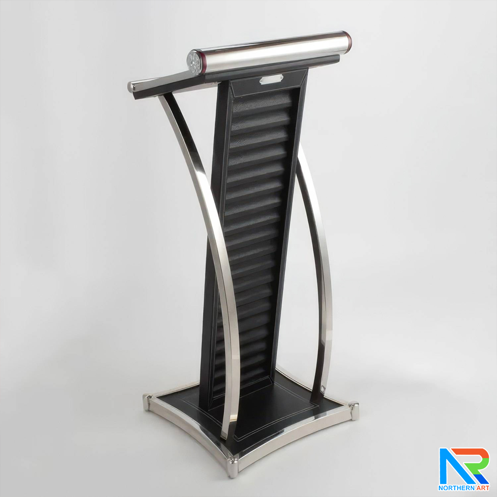 PODIUM โพเดียมไม้ MDF หุ้มหนังสีดำ ตกแต่งโค้งสแตนเลส ด้านข้าง Top และฐานหุ้มสแตนเลส