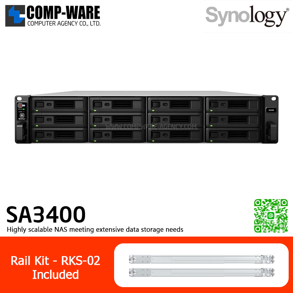 Synology RackStation (2U 12-Bay) SA3400 (16GB ECC RAM up to 128GB) Intel Xeon D-1541 8-Core ,with Rail Kit RKS-02, No HDD