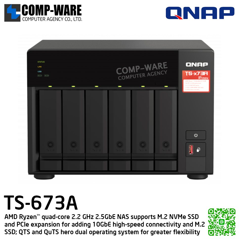 QNAP (Tower 6-Bay) TS-673A-8G / AMD Ryzen V1500B (4C/8T) / 8GB DDR4 / 6x 2.5"/3.5" SATA 6Gbps, 2x M.2 2280 NVMe PCIe Gen3 x1 / 2 x 2.5GbE / 250W Single PSU / 3Y Warranty / No HDD