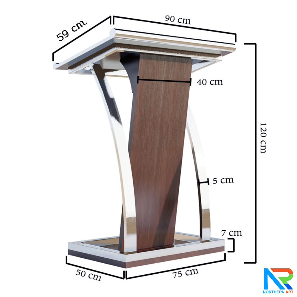 โพเดียมไม้ยืนคู่ Top หุ้มสแตนเลสยืนคู่ สีโอ๊คน้ำตาล ขนาด (W) 90x (L) 59 x (H) 120 cm. พร้อมตกแต่งเสาโค้งสแตนเลสเกรด304