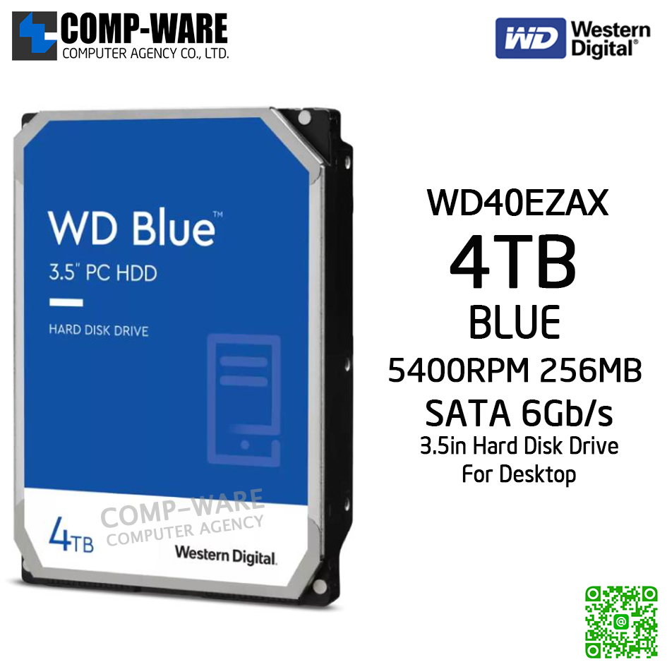 WD Blue 4TB Desktop Hard Disk Drive SATA 6 Gb/s 5400RPM 256MB Cache 3.5Inch - WD40EZAX (รับประกัน 3 ปี)