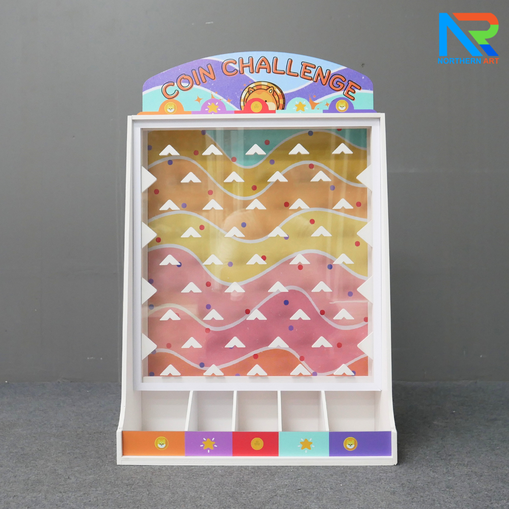 เช่าเกมส์หย่อนเหรียญตั้งโต๊ะ ขนาด (W)50 X (D)20 X (80) cm. วัสดุพลาสวูดหนา 8 มม. พร้อมเหรียญพลาสติกคละสี 10 เหรียญ