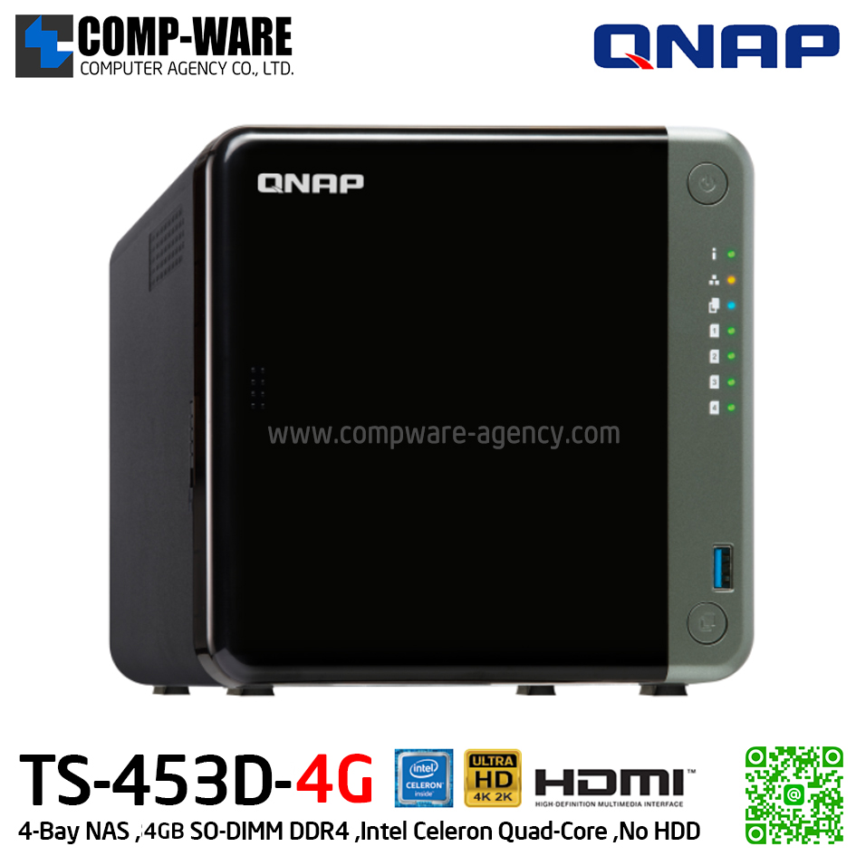 QNAP NAS (4-Bay) TS-453D (4GB RAM up to 8GB) Intel Celeron Quad-Core ,No HDD รับประกัน 3ปี (สามารถเพิ่มประกันตัวเครื่องเป็น 5ปีได้-option)