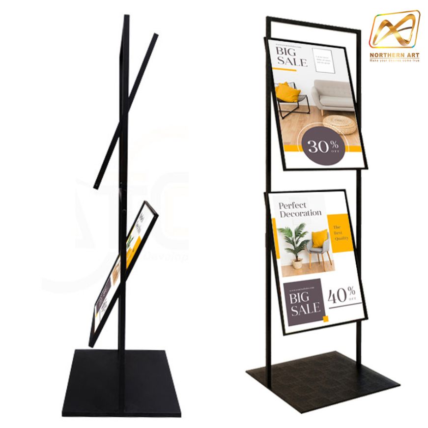 ป้ายตั้งพื้นเหล็ก สีดำ รุ่น 2 เฟรม หมุนได้ 360 องศา ขนาด 50×70 ซม. พร้อมอะคริลิคใสหนา 2 มม. 2 แผ่น สอดงานพิมพ์ทางด้านบน โชว์ภาพ 2 ด้าน