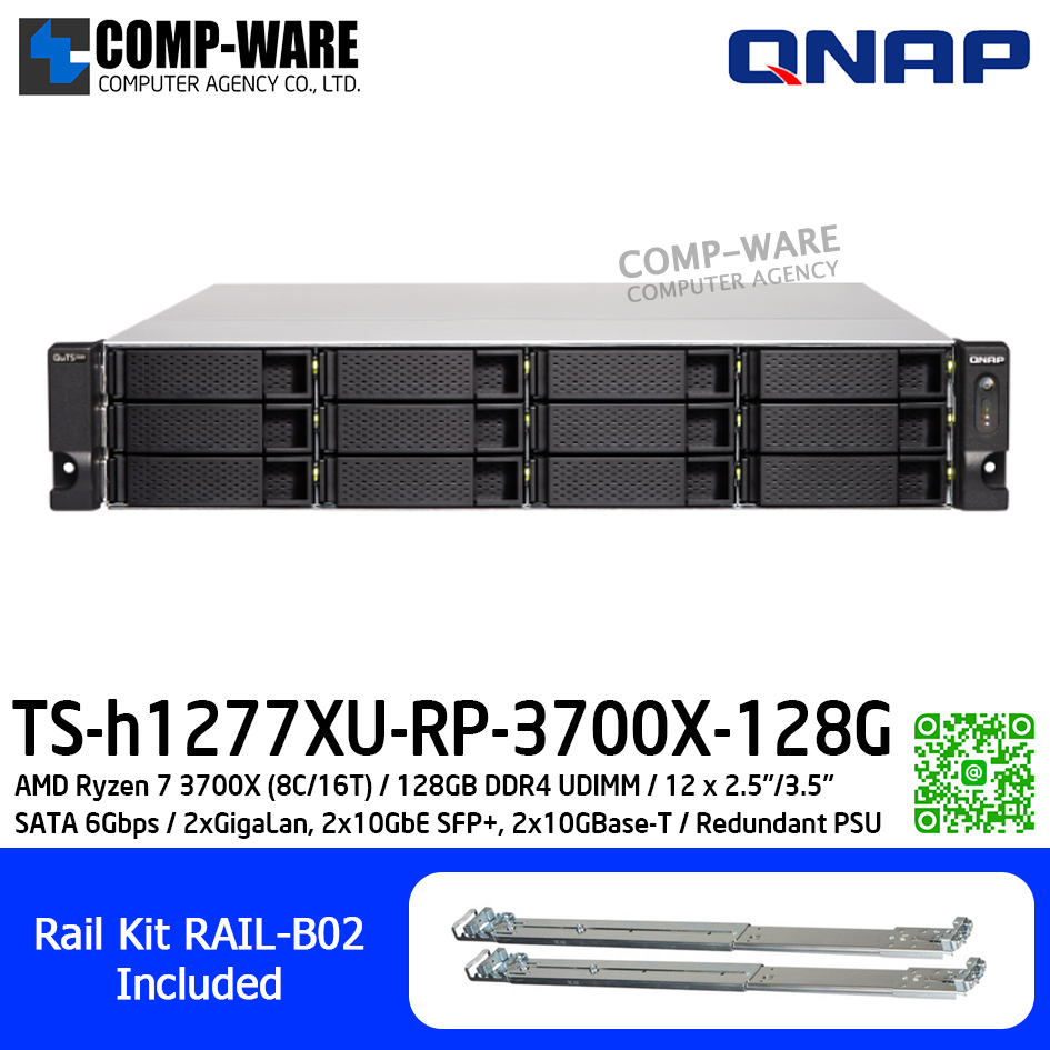 QNAP (2U 12-Bay) TS-h1277XU-RP-3700X-128G / AMD Ryzen 7 3700X (8C/16T) / 128GB (4 x 32GB) DDR4 UDIMM / 12 x 2.5"/3.5" SATA 6Gbps / 2xGigaLan, 2x10GbE SFP+, 2x10GBase-T / 300W Redundant PSU / 3Y Warranty / No HDD / Rail kit RAIL-B02