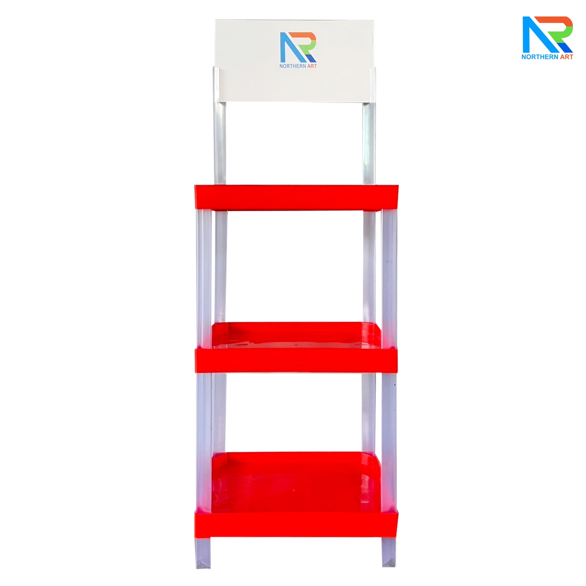 ชั้นวางสินค้าพลาสติก 3 ชั้น สีแดง ขนาด (W) 53 x (L) 35 x (H) 140 cm. น้ำหนักเบา ถอดประกอบได้