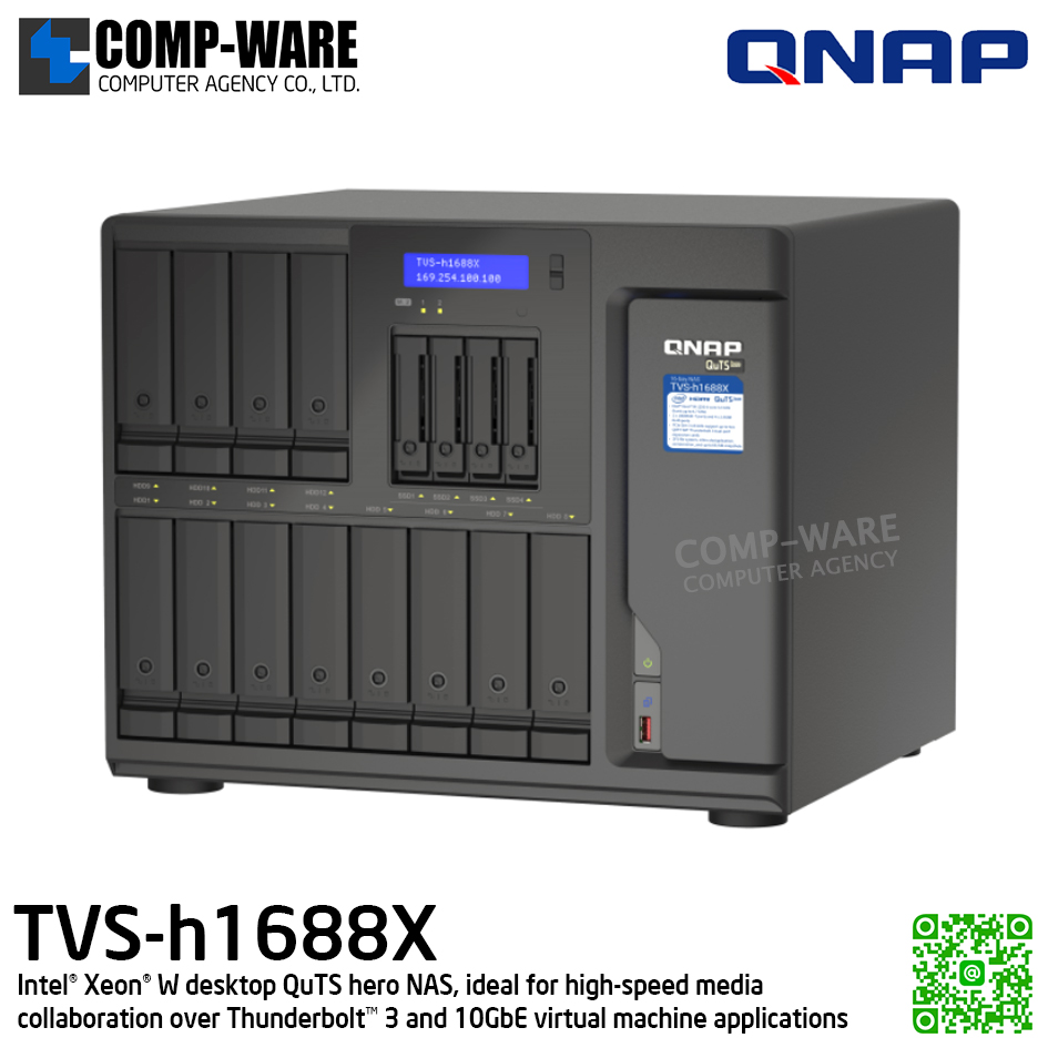 QNAP (Tower 16-Bay) TVS-h1688X-W1250-32G / Intel Xeon W-1250 (6C/12T) / 32GB DDR4 ECC / 12 x 2.5"/3.5" SATA 6Gbps + 4 x 2.5" SATA 6Gbps + 2 x M.2 NVMe PCIe Gen3 x4 / 550W Single PSU / 3Y Warranty , No HDD