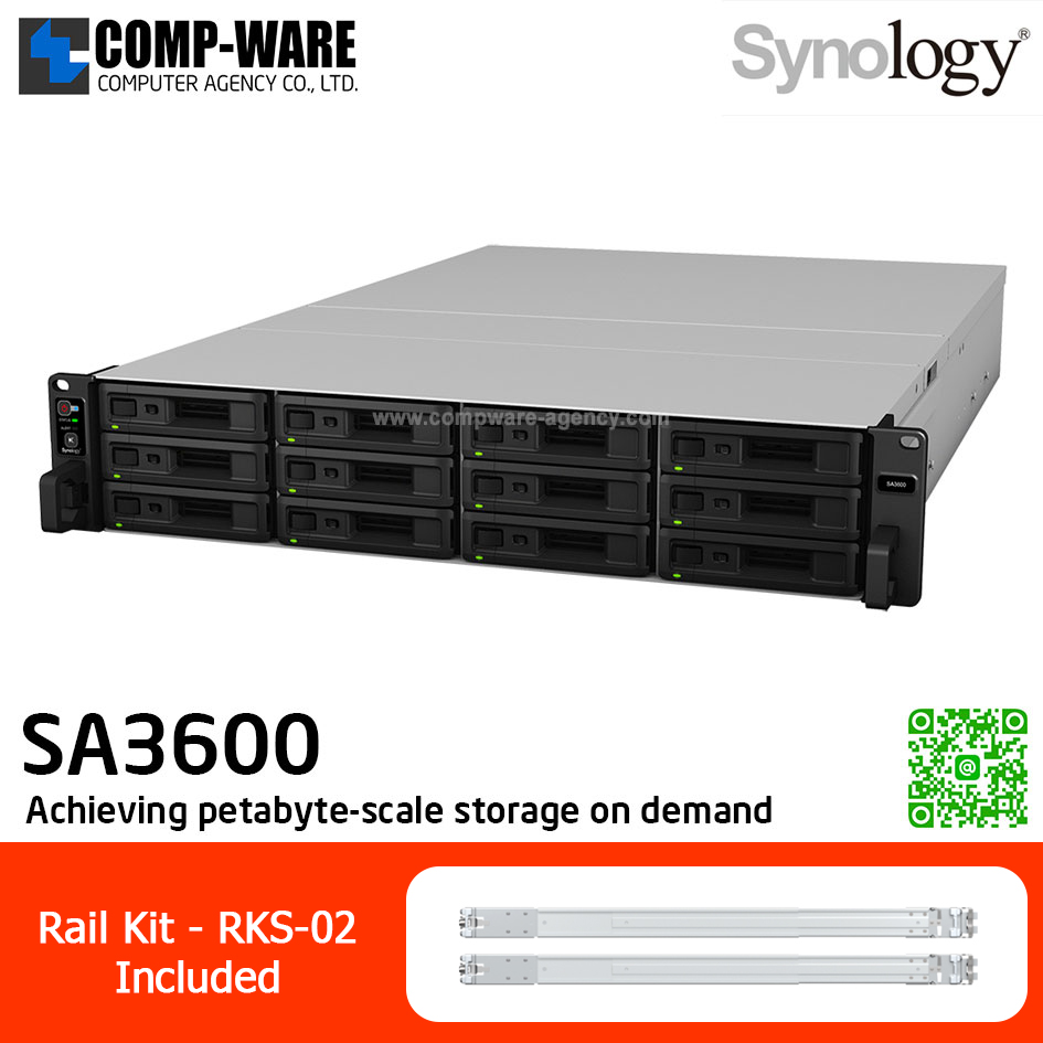 Synology RackStation (2U 12-Bay) SA3600 (16GB ECC RAM up to 128GB) Intel Xeon D-1567 12-Core ,with Rail Kit RKS-02 / No HDD