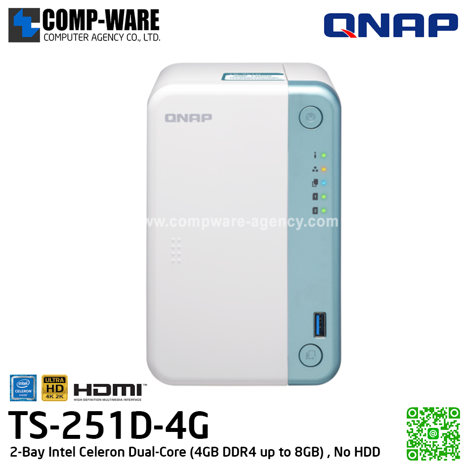 QNAP NAS (2-Bay) TS-251D (4GB DDR4 RAM up to 8GB) Intel Celeron J4005 Dual-Core HD Graphics 600, No HDD / TS-251D-4G