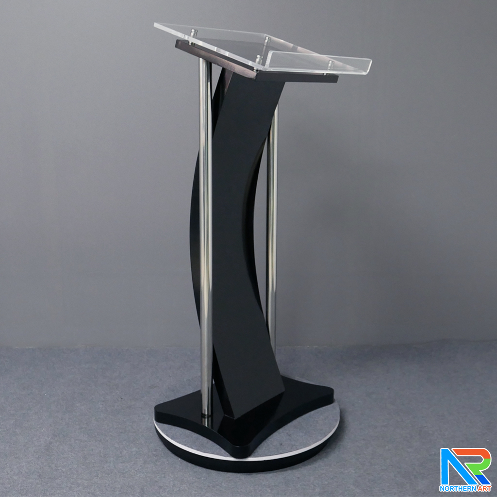 โพเดียมไม้ สีดำ ขนาด (W) 41 x (L) 50 x (H) 120 cm. พร้อมเสาสแตนเลสคู่ TOP เอียง อะคริลิคใส ติดหมุด