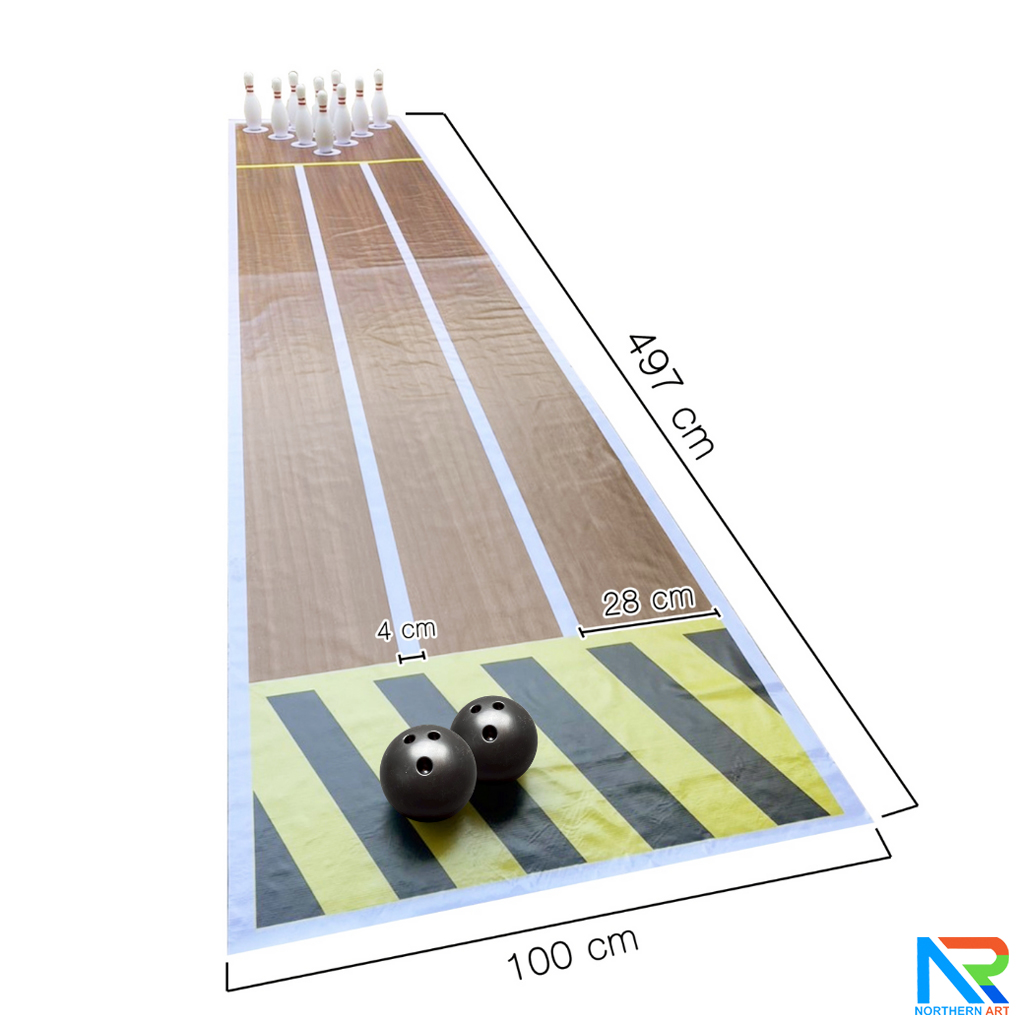 เกมส์โยนโบว์ลิ่งพร้อมผ้าใบ ขนาดโบว์ลิ่ง สูง 30 ซม. ขนาดผ้าใบ (W)100 x (L)497 cm. พร้อมพิน 10 อันและ ลูกบอลสีดำ 2 ลูก