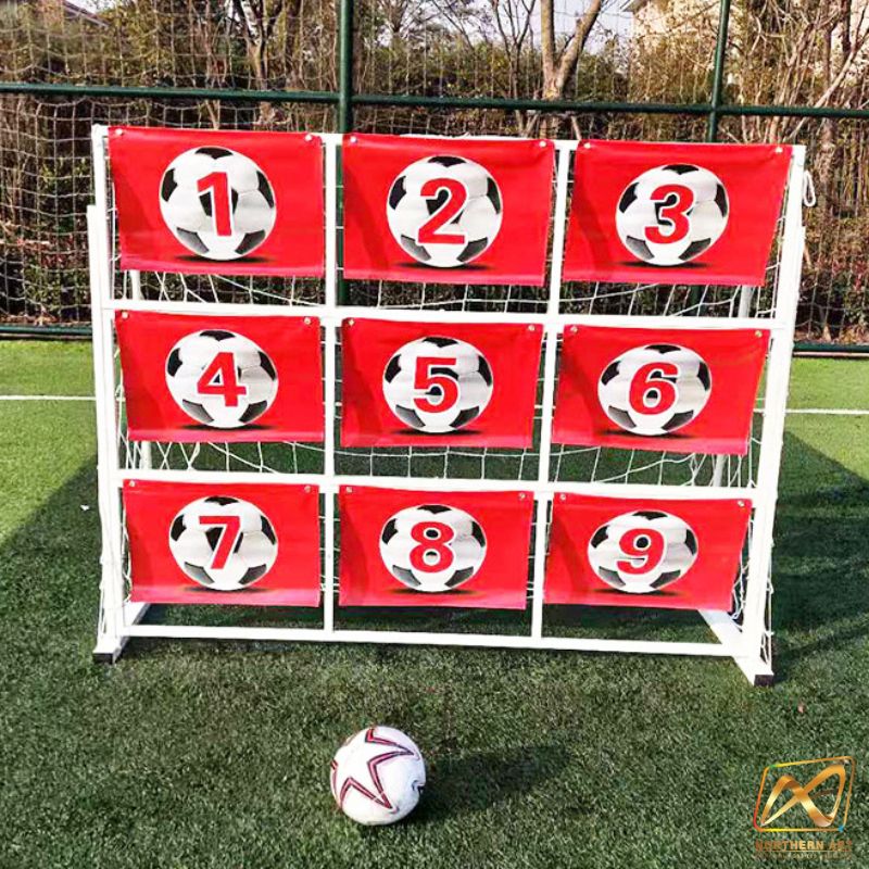 เข่าเกมส์ฟุตบอล เกมส์เตะบอล เกมส์FOOTBALL ขนาด (W)3 x (H)2 ม.โครงเหล็กสีขาว ถอดประกอบได้ พร้อมป้าย9 ช่อง