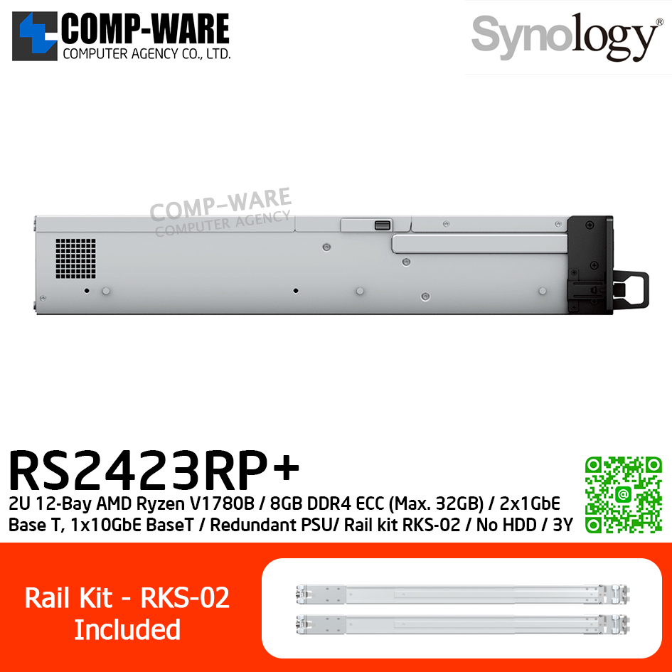 Synology RackStation (2U 12-Bay) RS2423RP+ / AMD Ryzen V1780B / 8GB DDR4 ECC (Max. 32GB) / 2x1GbE Base T, 1x10GbE Base T / Redundant Power Supply / Rail kit RKS-02 / No HDD / 3Y Warranty