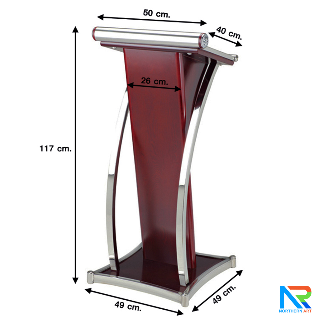 โพเดียมไม้ สีโอ๊ค ขนาด (W)50 x (L)40 x (H)117 cm. ตกแต่งเสาโค้งสแตนเลส ด้านข้าง Top และฐาน หุ้มสแตนเลส เกรด201