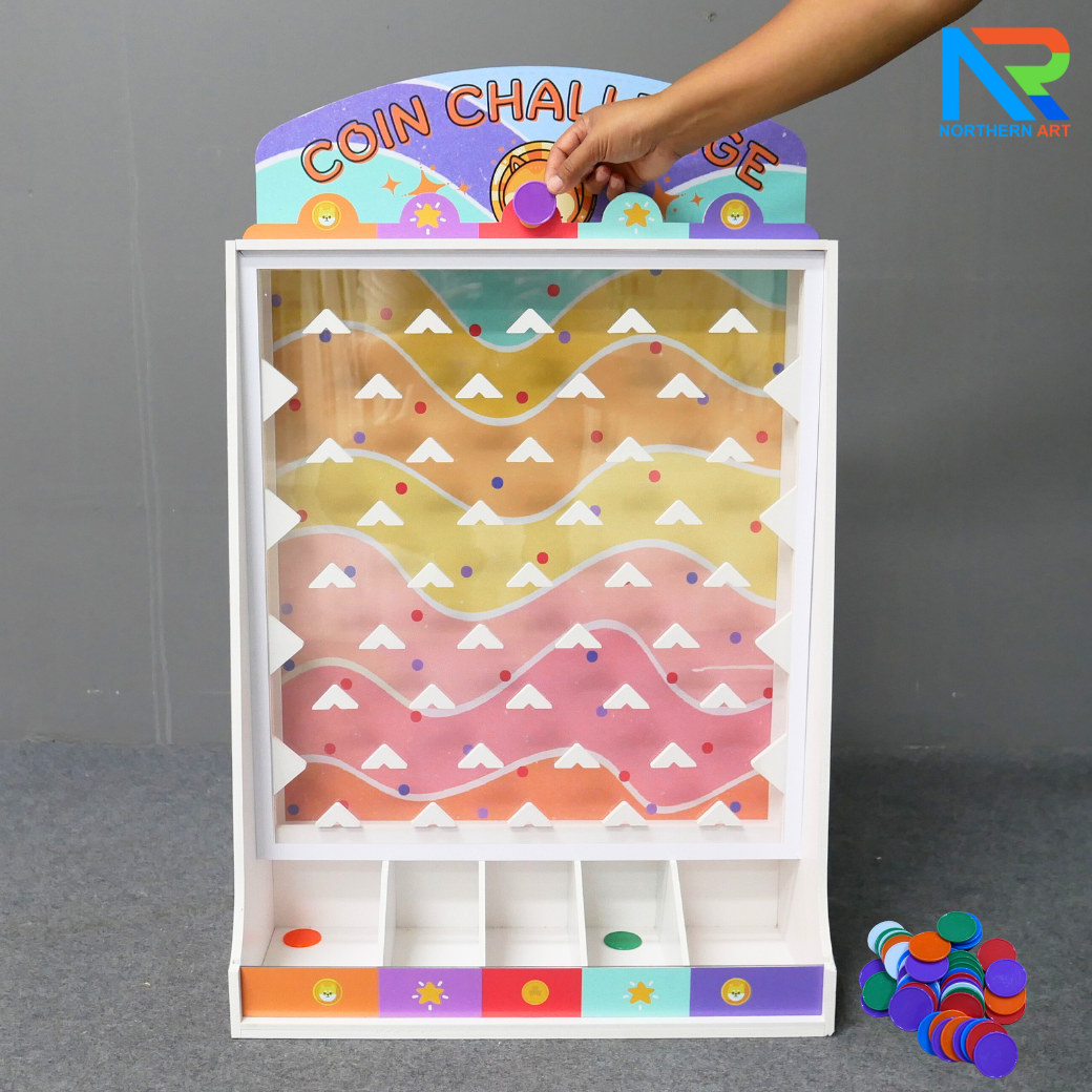เช่าเกมส์หย่อนเหรียญตั้งโต๊ะ ขนาด (W)50 X (D)20 X (80) cm. วัสดุพลาสวูดหนา 8 มม. พร้อมเหรียญพลาสติกคละสี 10 เหรียญ