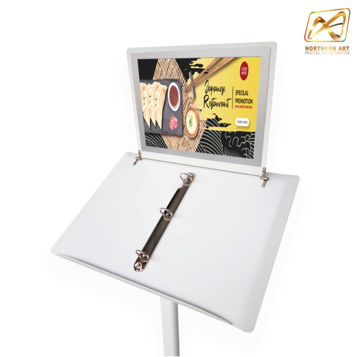 CLEARANCE SALE! เมนูสแตนด์เหล็ก ขนาด A3 พร้อมป้ายโปสเตอร์ด้านบนขนาดA4 พร้อมสันห่วงสแตนเลส (ถอดออกได้) มี2สี สีขาว และสีดำ